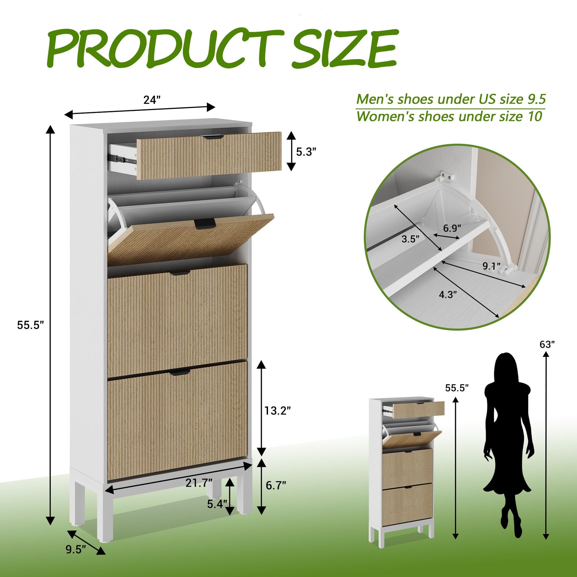 Scarpiera Garvee con 3 scomparti a ribalta, design scanalato in stile rustico, gambe in metallo, rovere bianco, per corridoio e ingresso