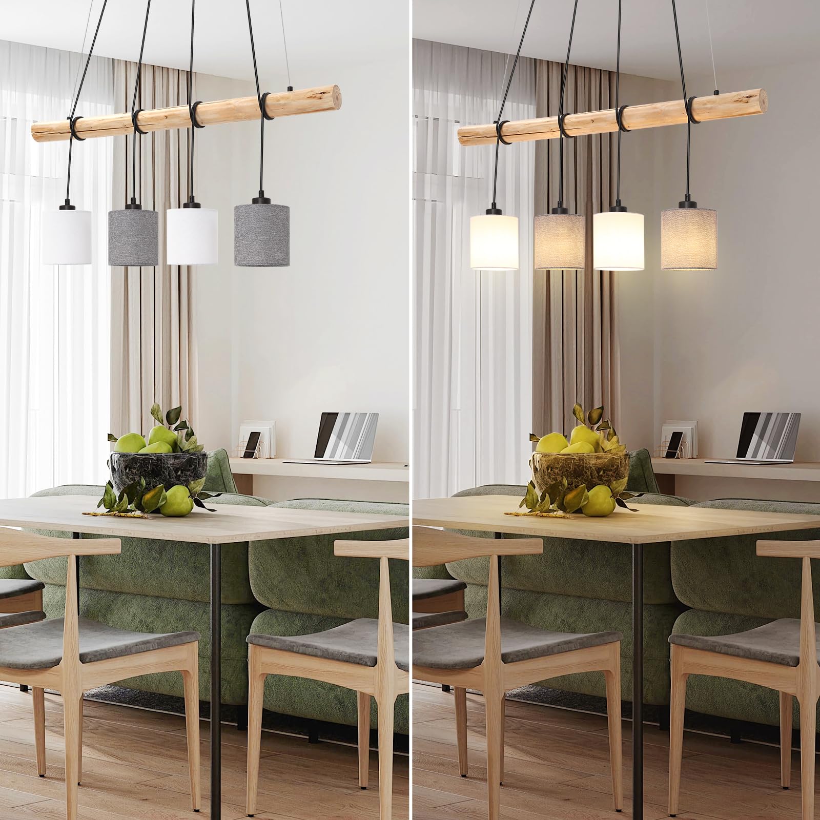 Lampada da tavolo da pranzo moderna in legno retrò GARVEE | Altezza regolabile fino a 135 cm e 4 paralumi in tessuto | Decorazione per soggiorno, sala da pranzo