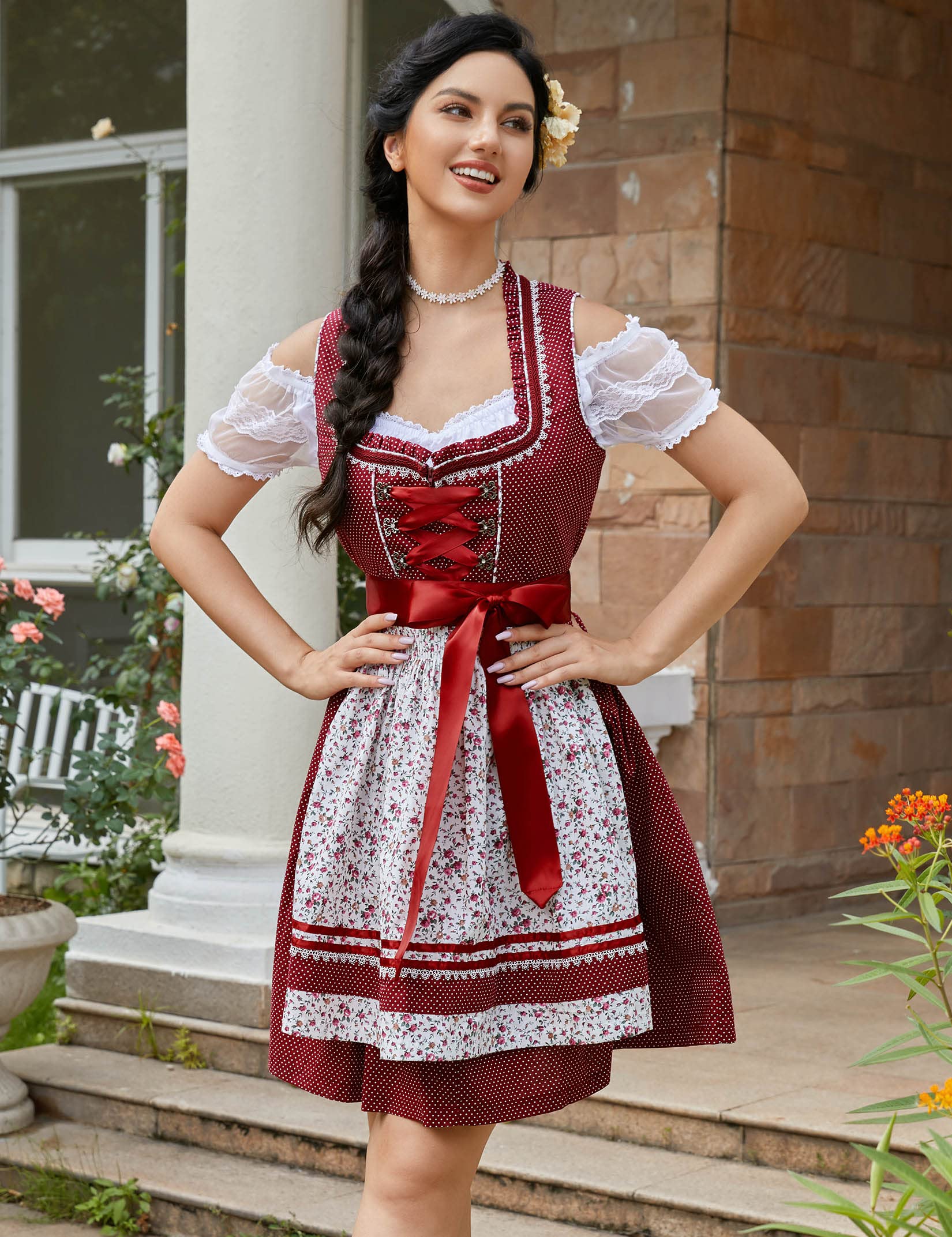 Garvee Abito tradizionale da donna Dirndl Midi Borgogna Floreale Taglia 34 - Set tre pezzi Abito Camicetta Grembiule per l'Oktoberfest