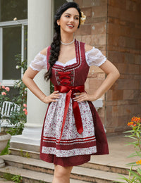Garvee Abito tradizionale da donna Dirndl Midi Borgogna Floreale Taglia 34 - Set tre pezzi Abito Camicetta Grembiule per l'Oktoberfest