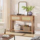 Garvee Tavolo Consolle in Rattan con 2 Cassetti, Design Boho Moderno, Legno Solido, Mensola Aperta, Profondità Stretta 109 cm per Ingresso e Soggiorno
