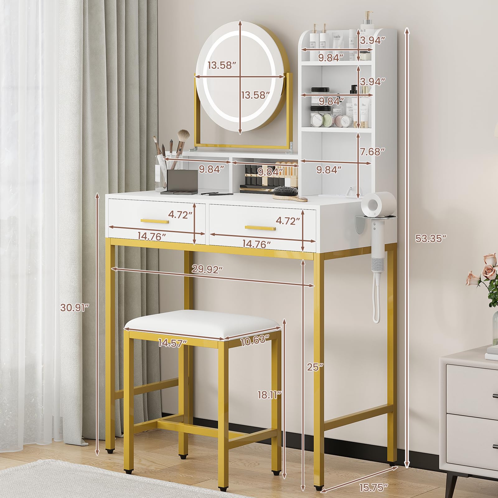 Garvee - Sgabello da parrucchiere moderno con specchio girevole a 360°, porte USB, 2 cassetti, in legno, comodo sgabello per camera da letto e spogliatoio, bianco e nero