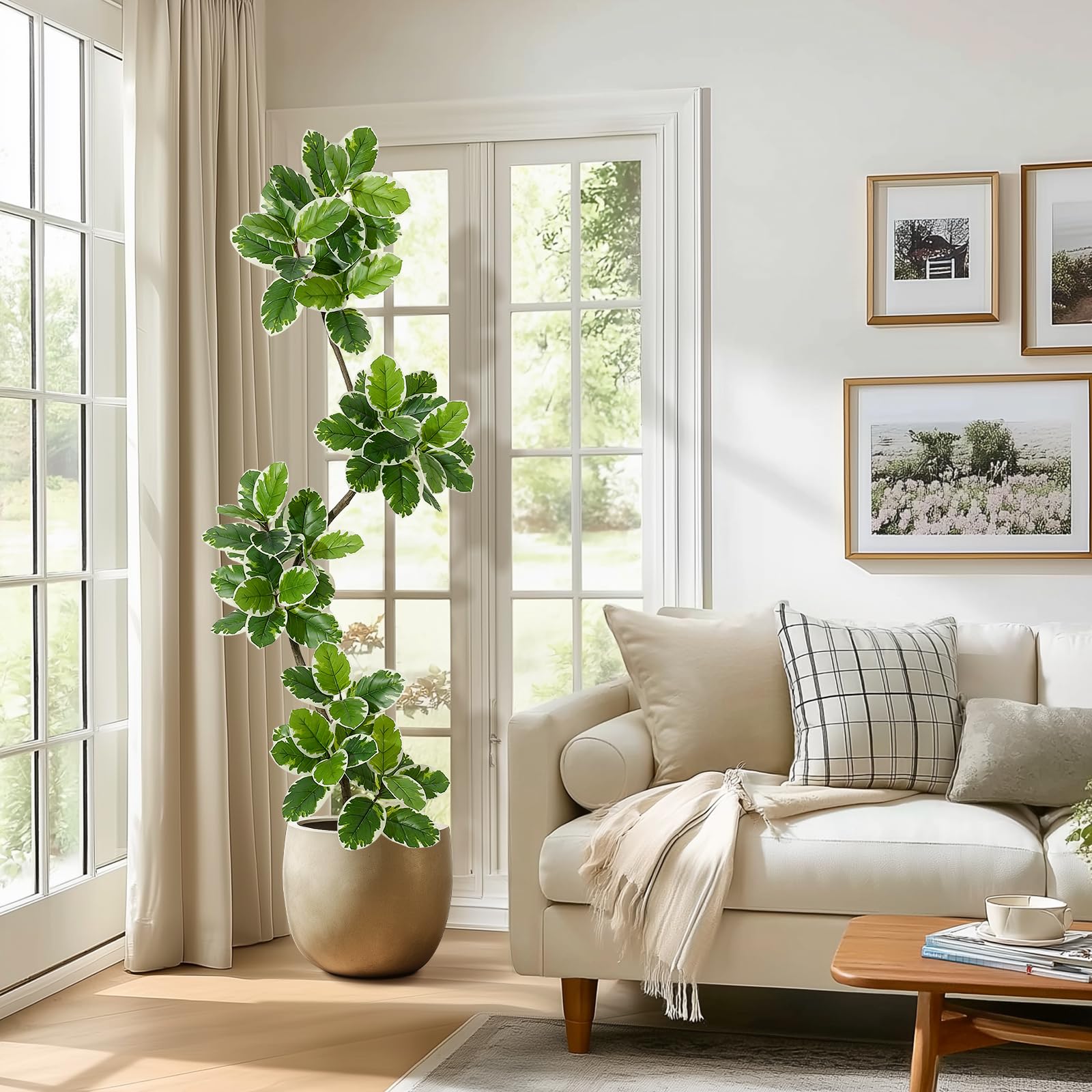 Albero artificiale Garvee Ficus Lyrata da 2,1 m con vaso in cemento e muschio per soggiorno e ufficio, facile da pulire, flessibile, foglie realistiche, verde