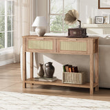 Tavolo consolle in rattan Garvee Farmhouse con 2 cassetti, anta scorrevole in rattan naturale, soggiorno e corridoio, 43"x12"x31", color legno