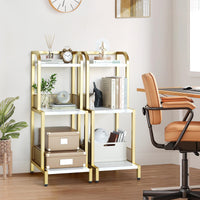 Libreria piccola Garvee a 3 ripiani, ripiano a scala dorato, struttura in metallo robusto, marmo bianco, soggiorno, ufficio, camera da letto