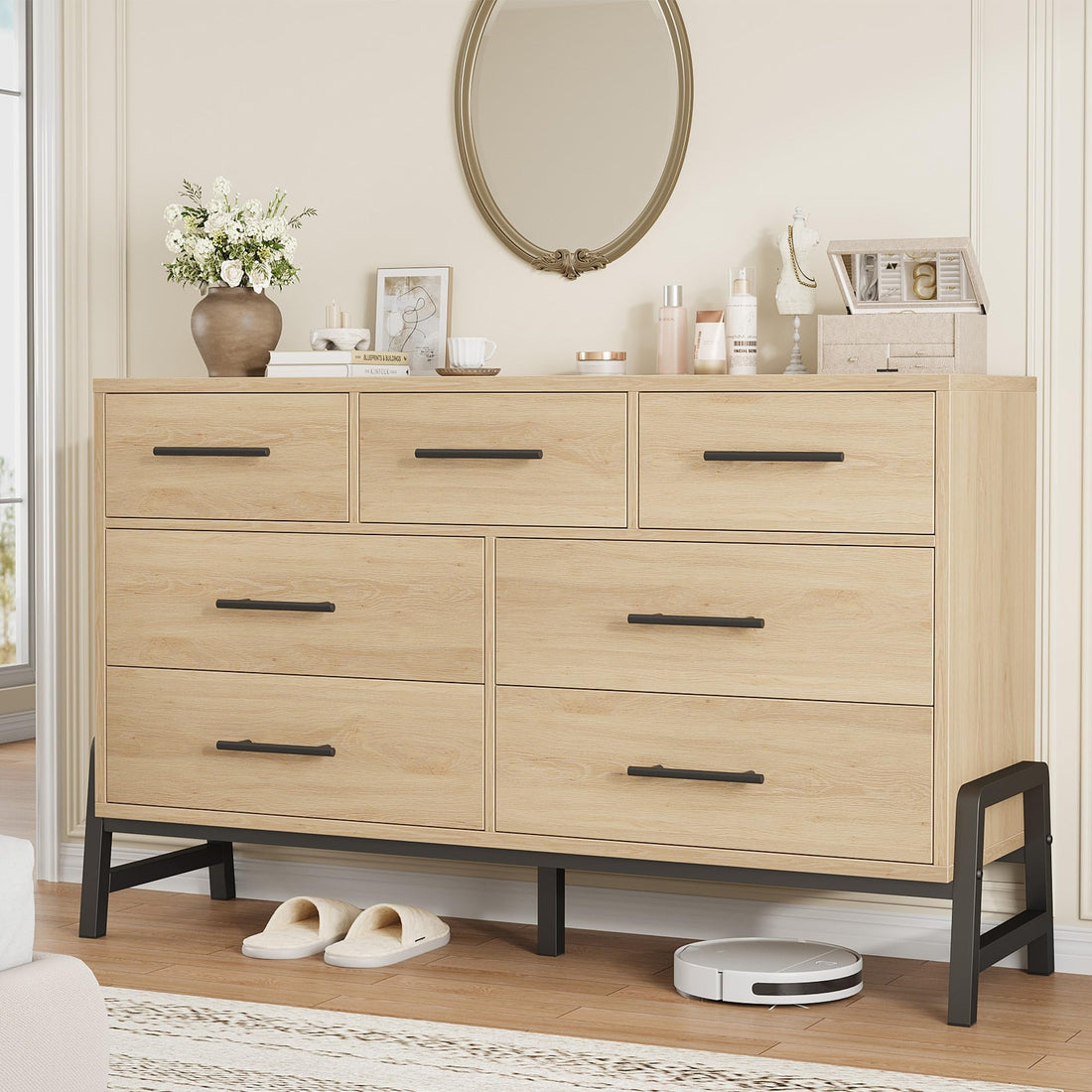 Cassettiera Garvee a 7 cassetti in legno MDF, tavolo impermeabile per camera da letto e soggiorno, design moderno, robusto, 52x16x32 pollici, colore naturale