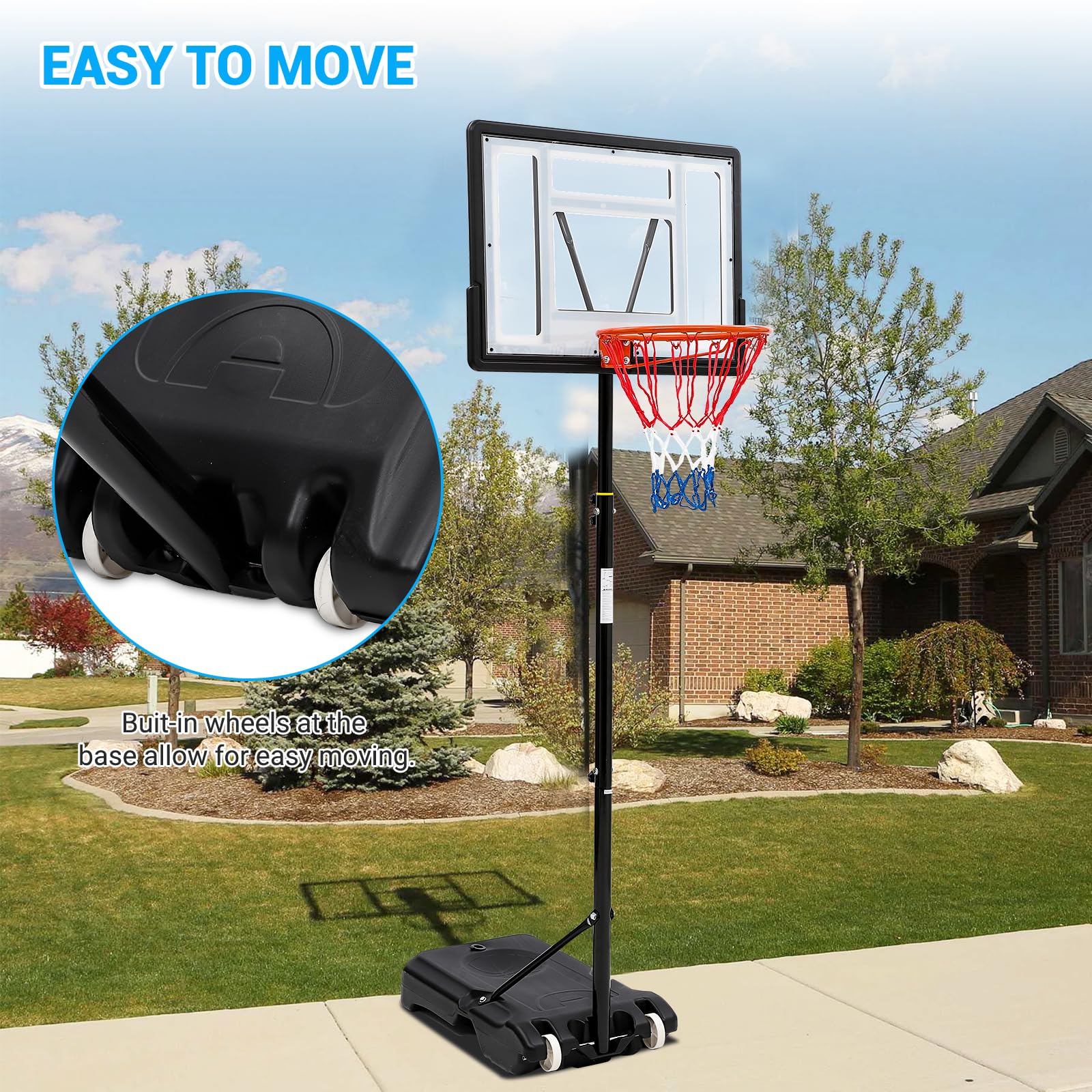 Canestro Basket Esterno Garvee Regolabile 5,2-7 Piedi - Tabellone HDPE 33" Infrangibile, Ruote, Acciaio Resistente Intemperie Giardino Cortile