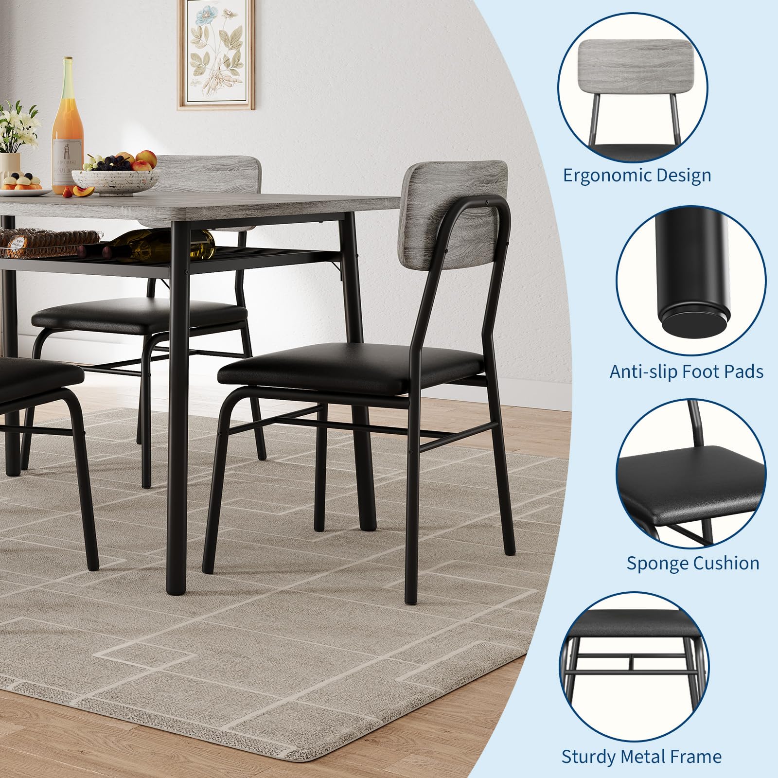 Tavolo da pranzo Garvee per 2 persone con contenitore, struttura in metallo, sedie imbottite, piano in legno MDF, grigio, cucine e appartamenti piccoli