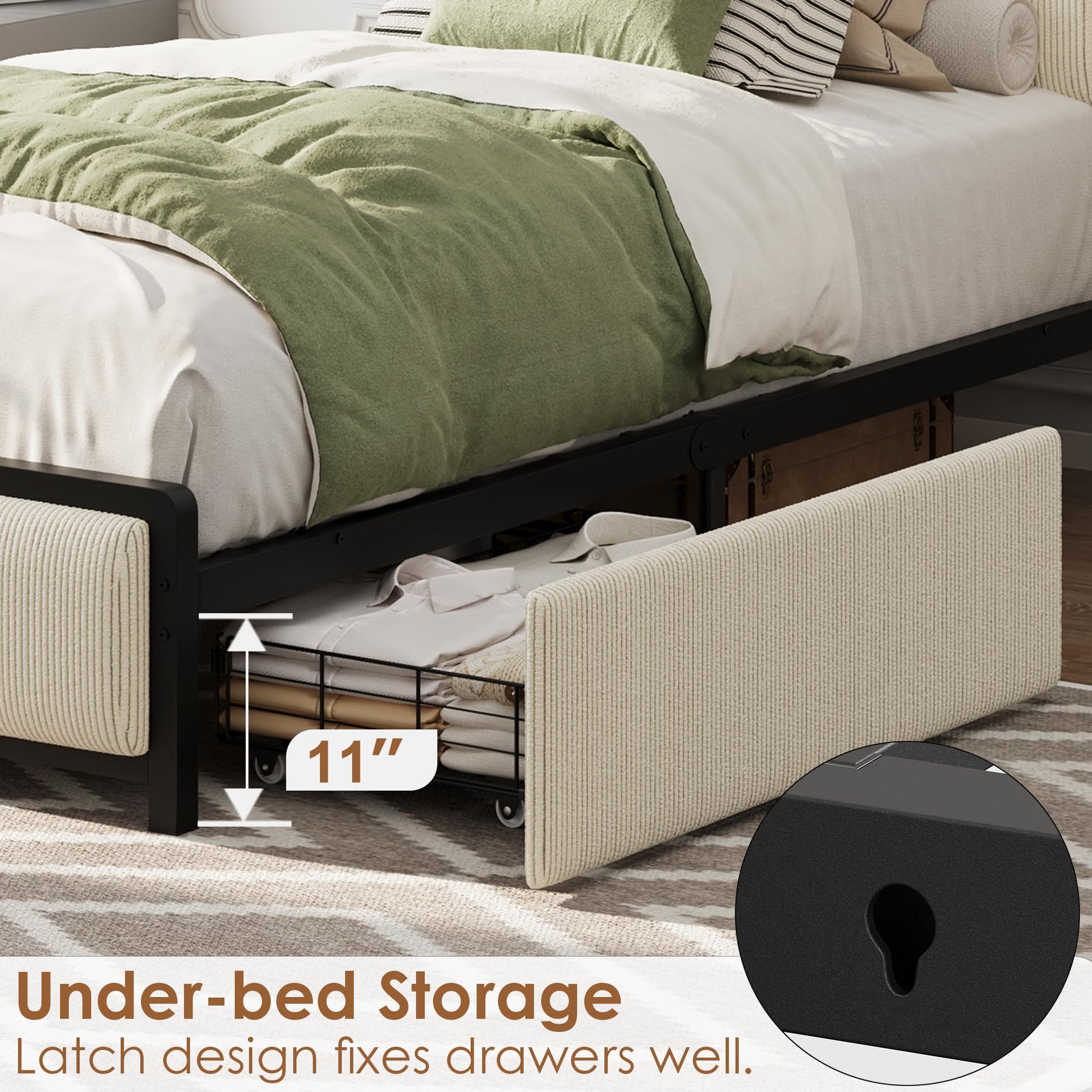 Struttura per letto matrimoniale Garvee con 2 cassetti e stazione di ricarica per camera da letto, beige, silenziosa, struttura in metallo, rivestita in velluto