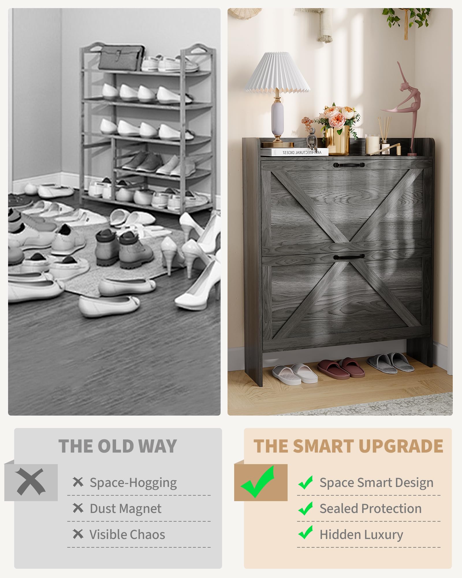 Garvee Scarpiera con 2 cassetti pieghevoli, marrone rustico, per corridoio e ingresso, salvaspazio, resistente, gambe in metallo