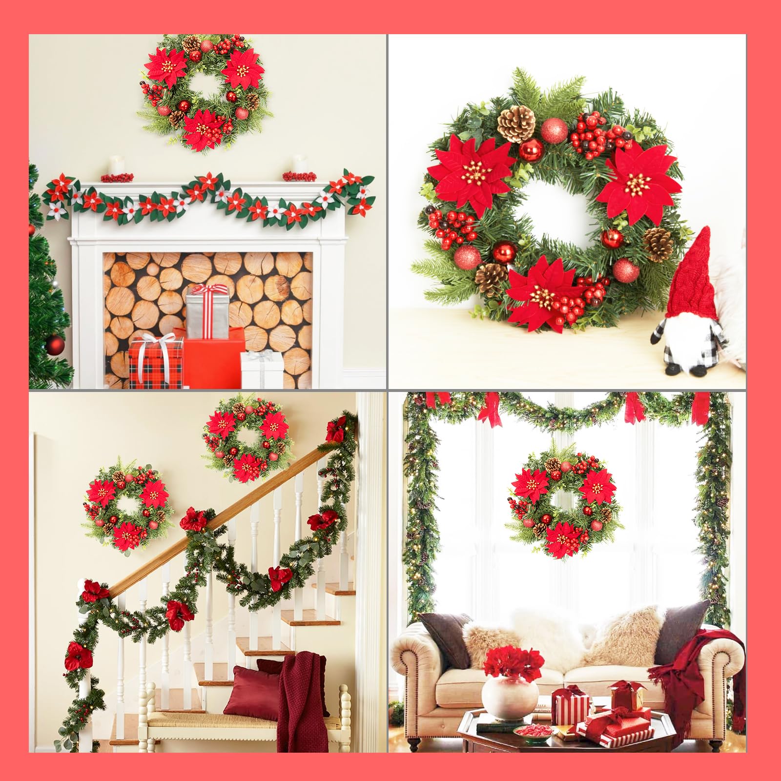 Ghirlanda natalizia Garvee da 16 pollici con stelle di Natale artificiali, pigne, palline rosse, resistente alle intemperie per porte e pareti, verde e rosso