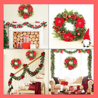 Ghirlanda natalizia Garvee da 16 pollici con stelle di Natale artificiali, pigne, palline rosse, resistente alle intemperie per porte e pareti, verde e rosso