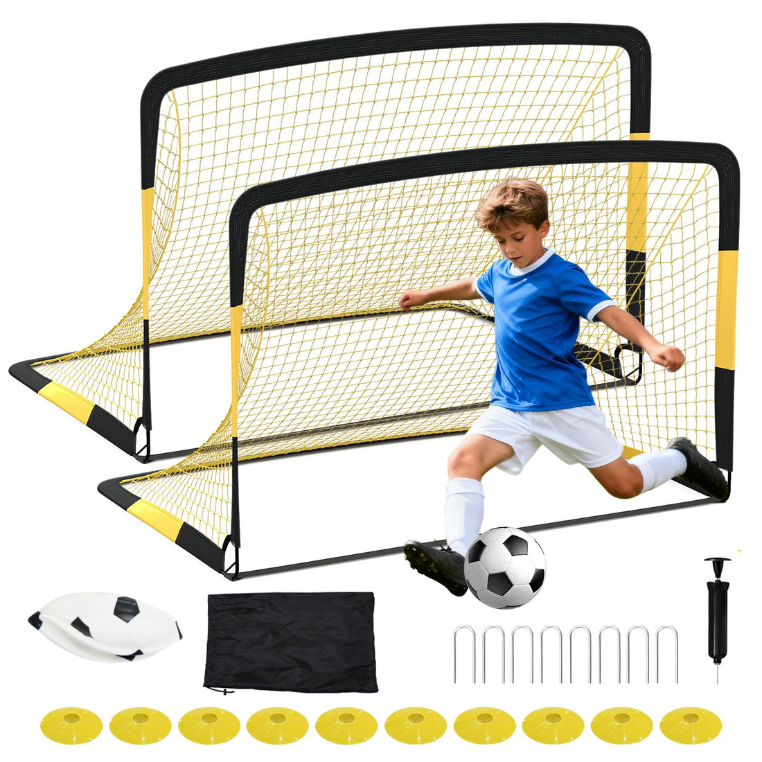 Porte da calcio Garvee, configurazione da 2, 6x4 piedi, porte da calcio pop-up, tessuto Oxford 450D, fibra di vetro da 10 mm, rete in poliestere, portatile, per allenamento e giardino