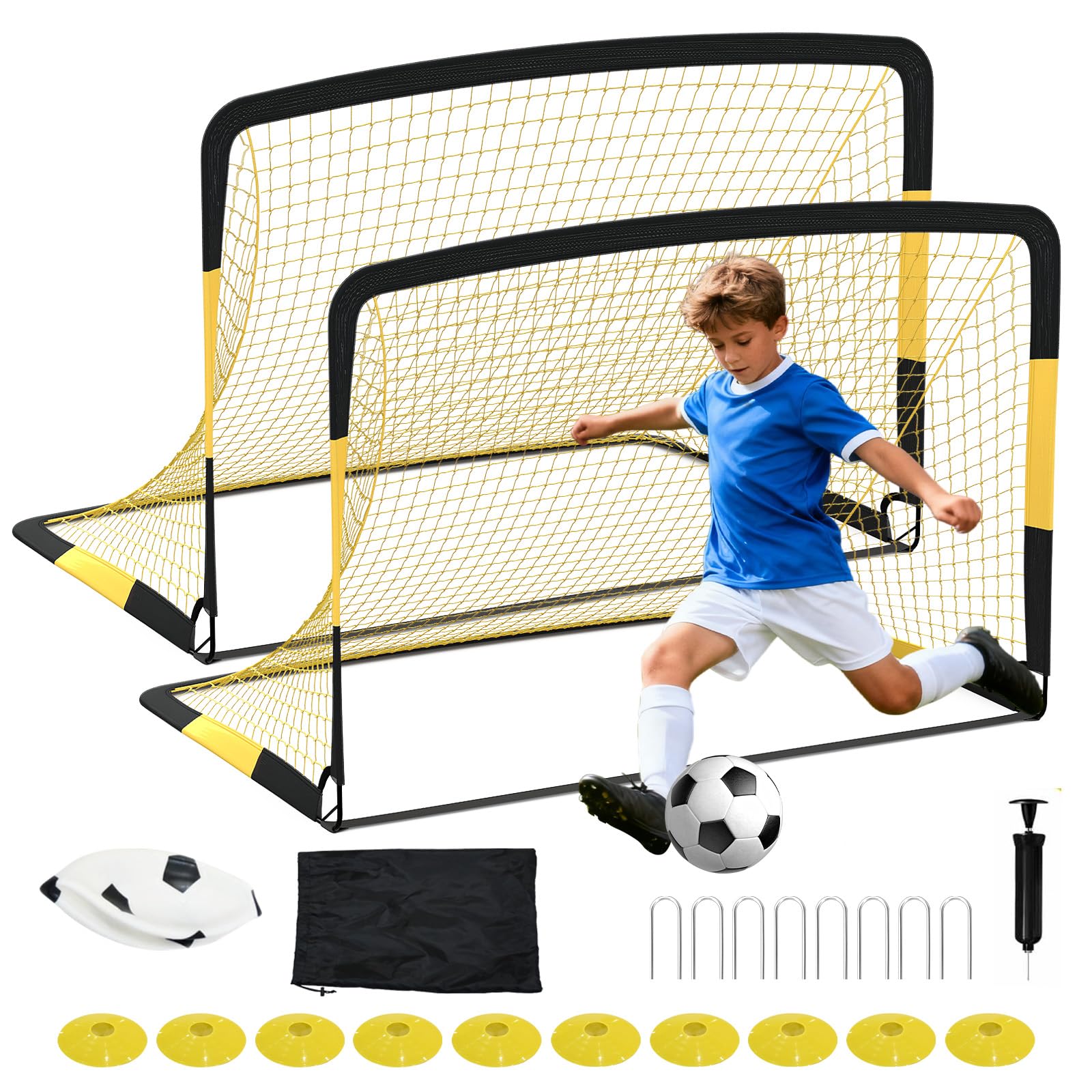 Porte da calcio Garvee, configurazione da 2, 6x4 piedi, porte da calcio pop-up, tessuto Oxford 450D, fibra di vetro da 10 mm, rete in poliestere, portatile, per allenamento e giardino