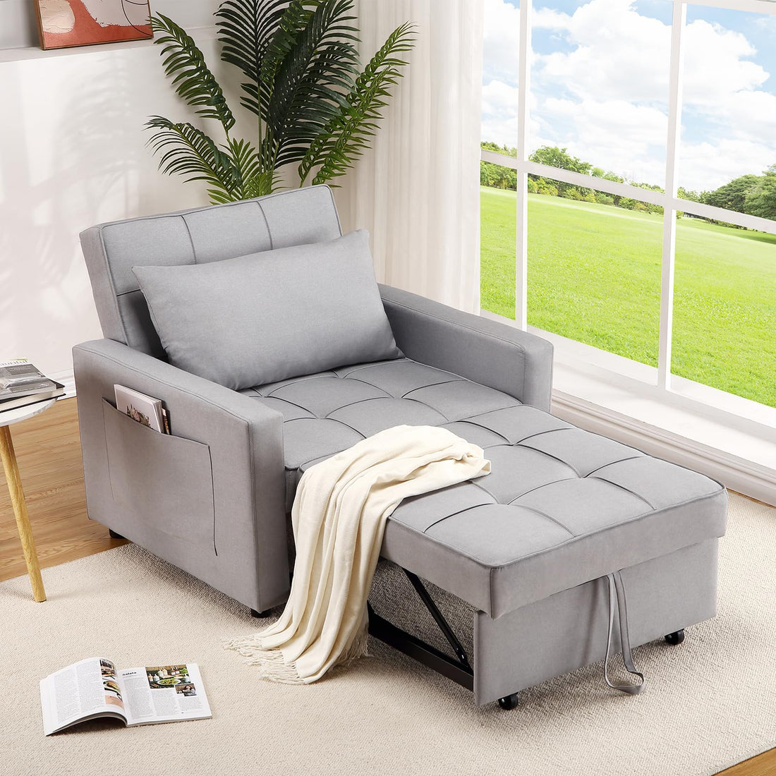 Divano letto/poltrona letto 3 in 1 Garvee con funzione letto, tessuto di lino per la casa, 192 x 96 x 59 cm, grigio chiaro