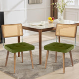 Garvee Set 2 Sedie da Pranzo in Rattan Naturale con Schienale Alto in Velluto Verde per Cucina e Ristorante, Struttura in Legno Robusto
