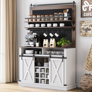 Mobiletto da caffè alto Garvee da 75" con ante scorrevoli, ampio spazio per riporre gli oggetti da cucina, in legno MDF e metallo, rovere bianco, per sala da pranzo e soggiorno