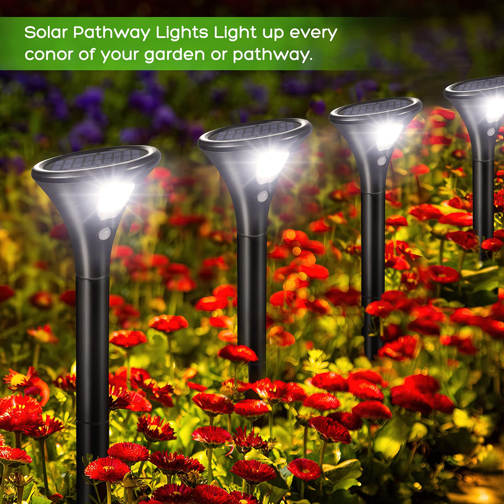 Garvee Luci Solari Da Giardino 4 Pezzi Con Sensore Movimento, ABS Resistente, IP65 Impermeabile, Altezza Regolabile, Per Esterni E Percorsi, Nero