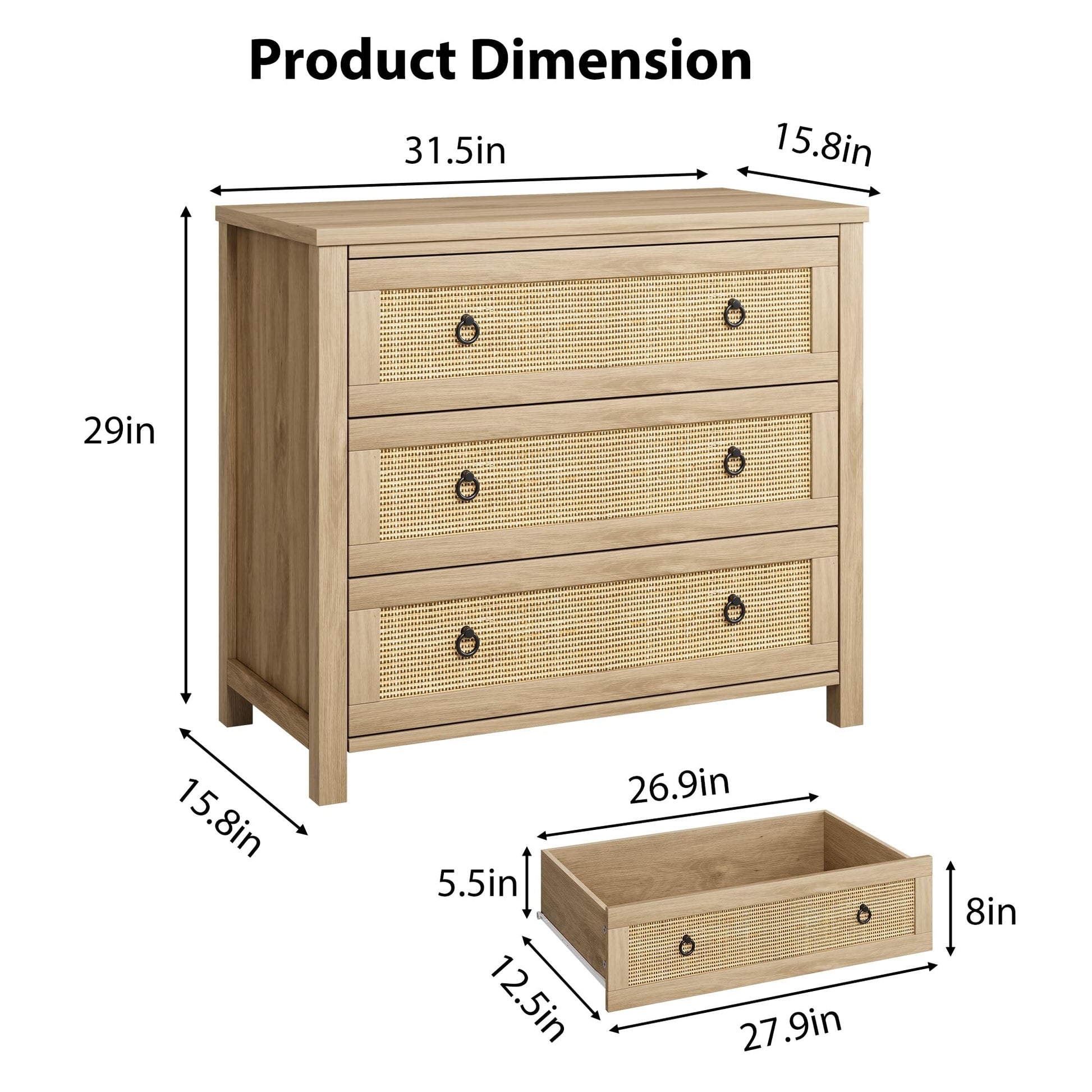Cassettiera in rattan Garvee da 29" in legno per camera da letto, 3 cassetti, robusta, molto spaziosa, soggiorno, cameretta dei bambini