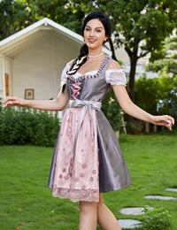 Abito tradizionale da donna Garvee Dirndl midi grigio-rosa taglia 34 - Abito tre pezzi camicetta grembiule