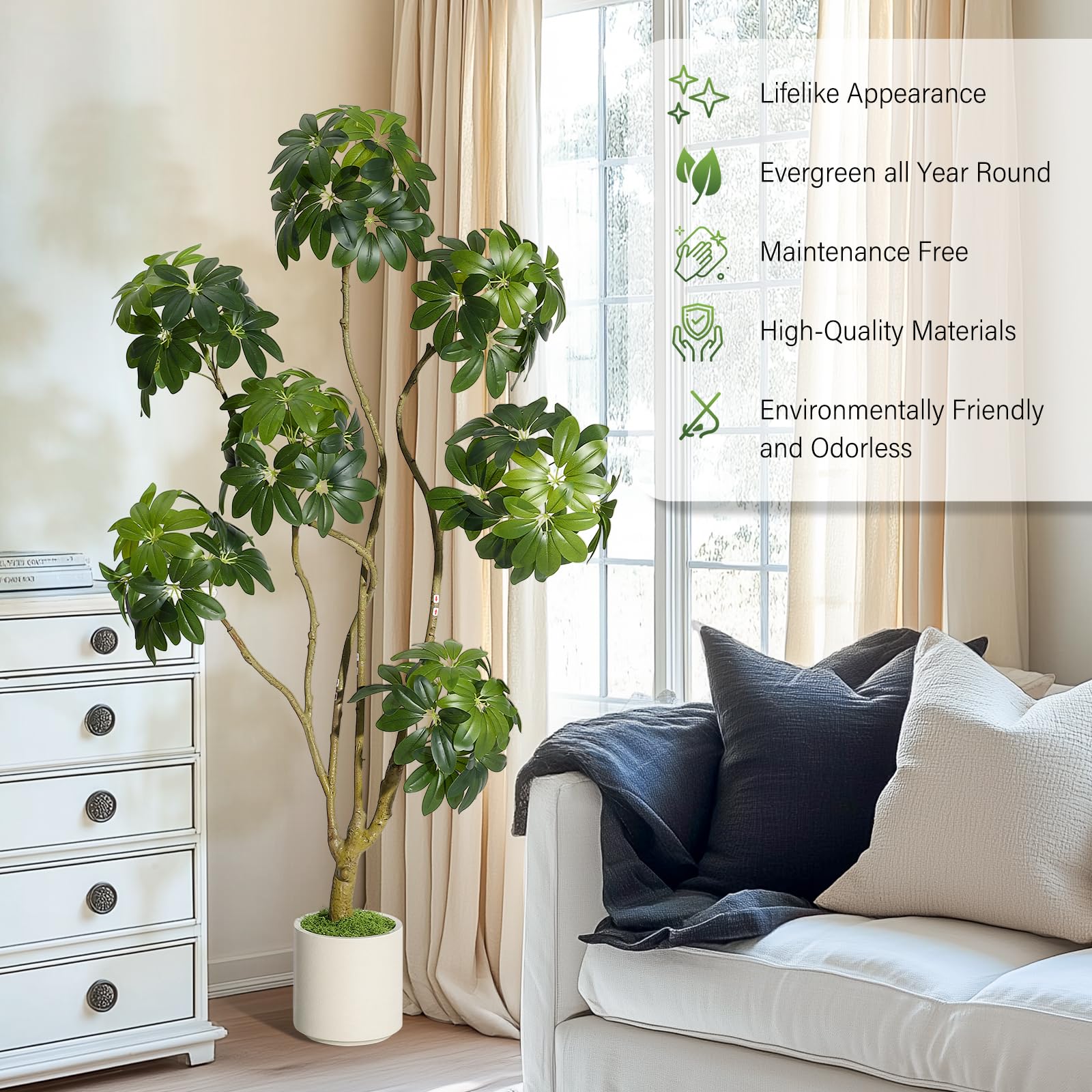 Albero di Schefflera artificiale Garvee da 5 piedi con ombrello e 5 tronchi, vaso di fiori in PE bianco per casa e ufficio