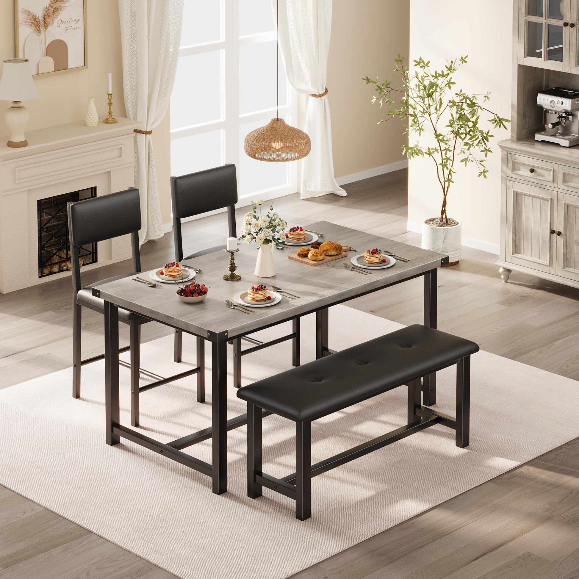 Set da pranzo Garvee per 4 persone con tavolo, seduta imbottite e panca, legno MDF, robusto, salvaspazio, facile da pulire, piccoli appartamenti