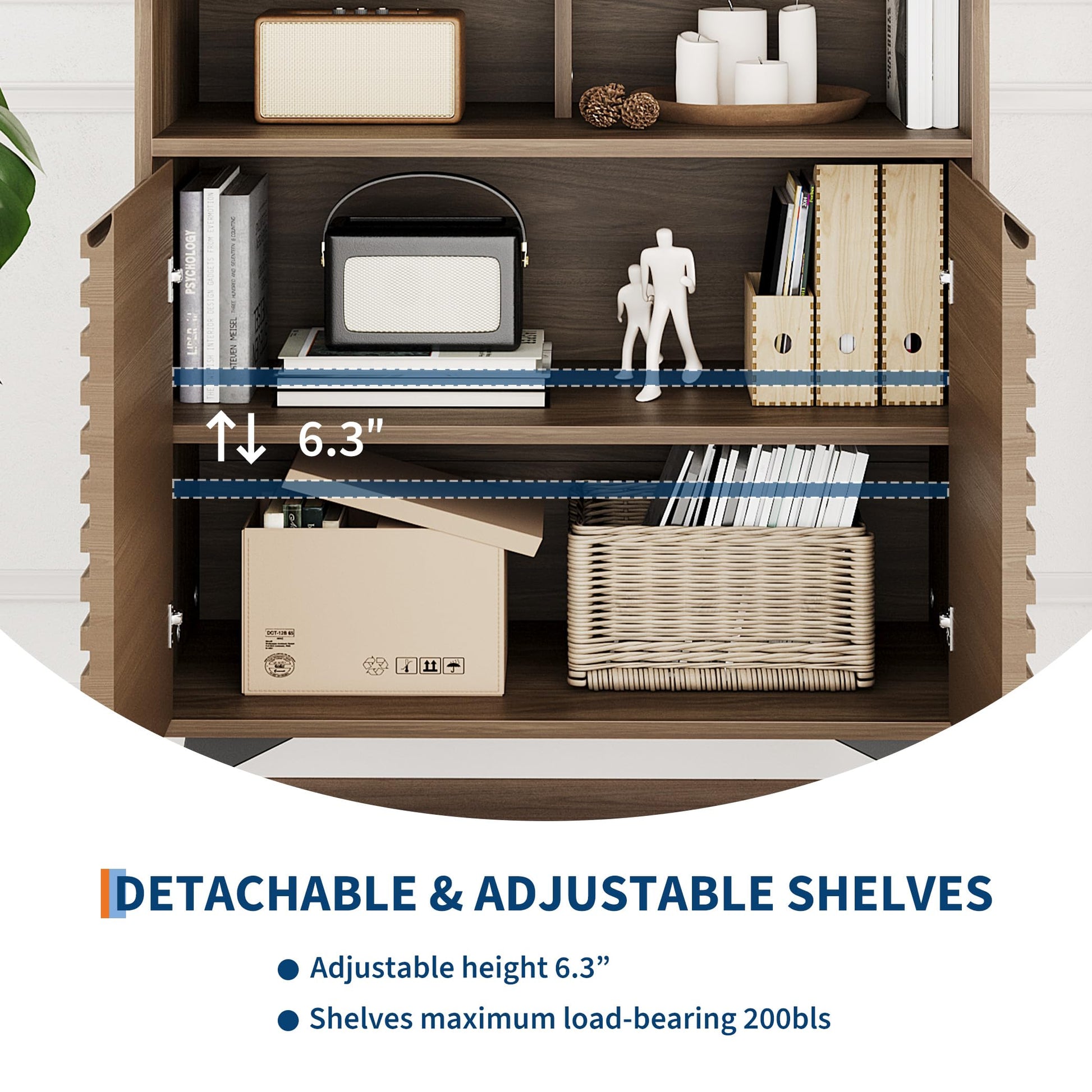 Credenza con ante scanalate Garvee, con ripiani regolabili, per soggiorno, cucina, corridoio, struttura in legno, gambe 3D, gambe in metallo