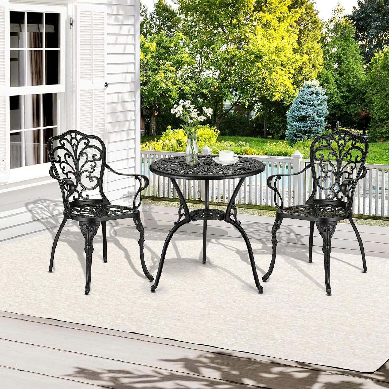 Set da bistrot da esterno Garvee da 3 pezzi, in alluminio, resistente alle intemperie, antiruggine, con foro per ombrellone, mobili da giardino per balcone, nero