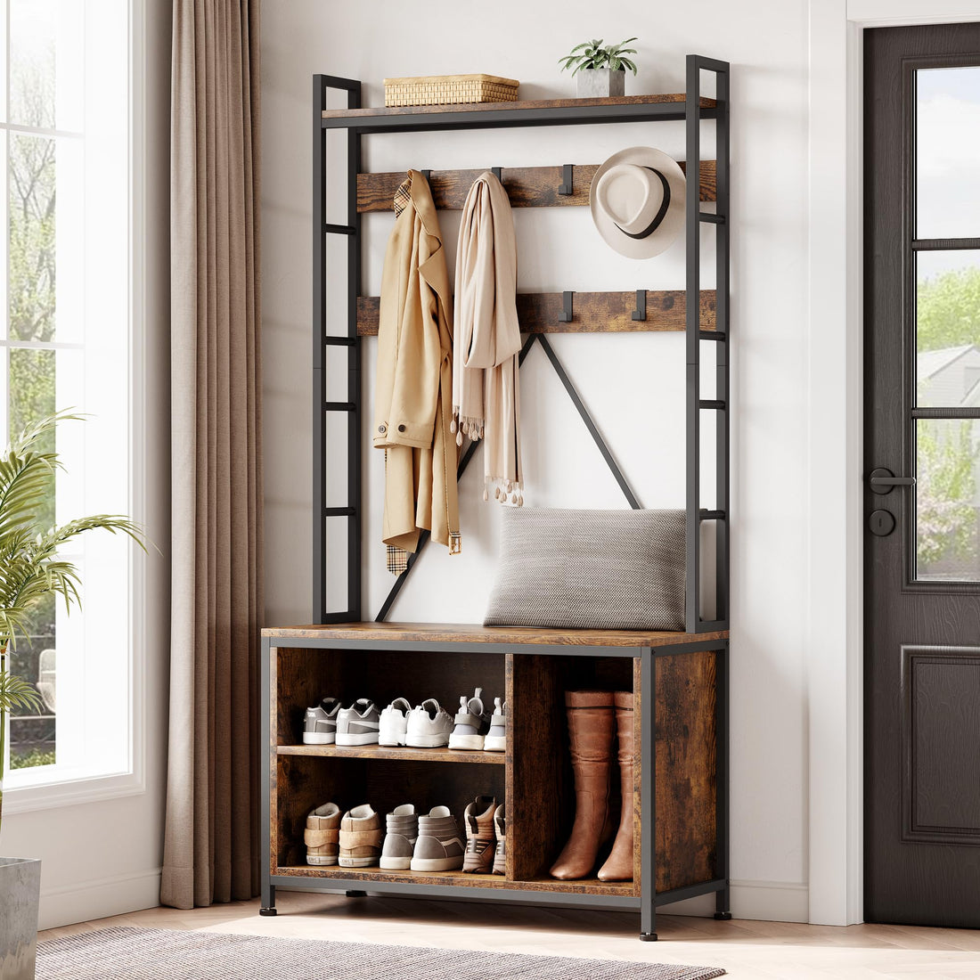 Garvee Hall Tree con panca e guardaroba 5 in 1 Organizer per corridoio e anticamera in legno rustico regolabile