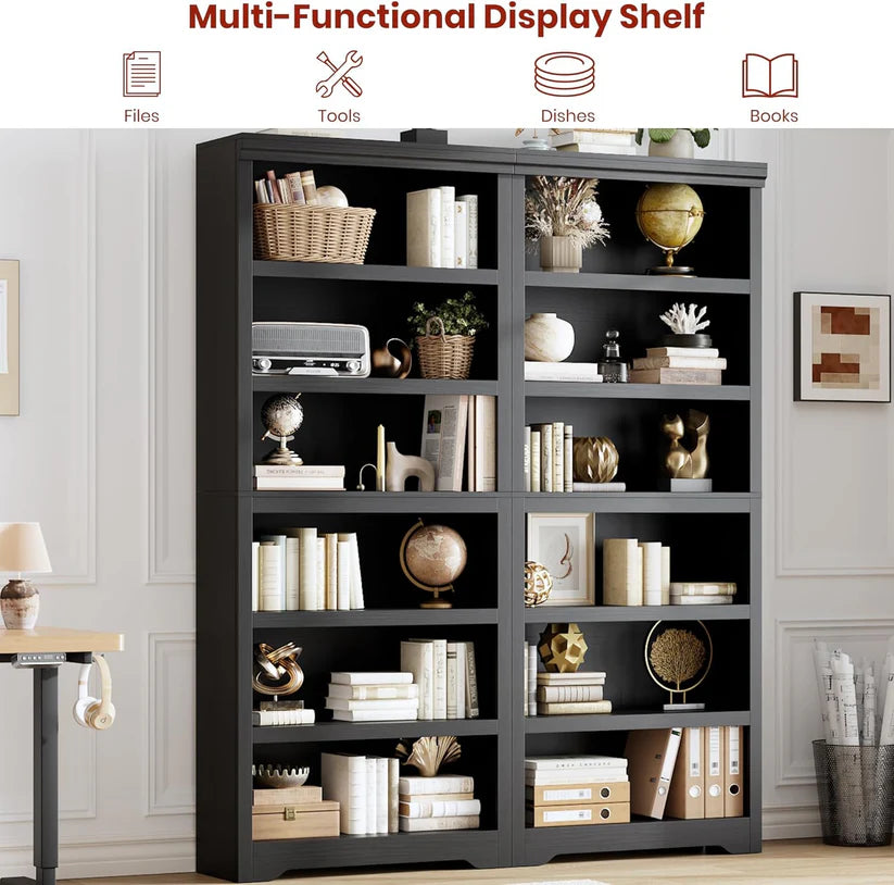 Garvee Libreria 6 Ripiani Alta 191 cm, Scaffale Regolabile, MDF Nero, Stile Rustico per Soggiorno e Studio