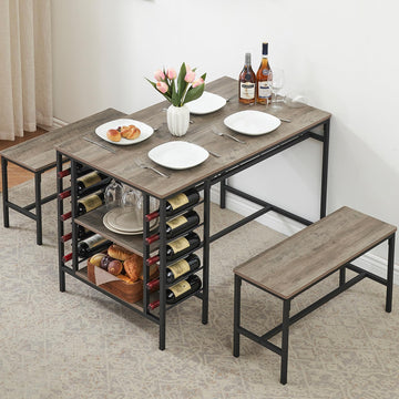 Set da pranzo Garvee per 4 persone con portabottiglie e contenitore, metallo e legno, salvaspazio, robusto, 2 panche, piccoli spazi