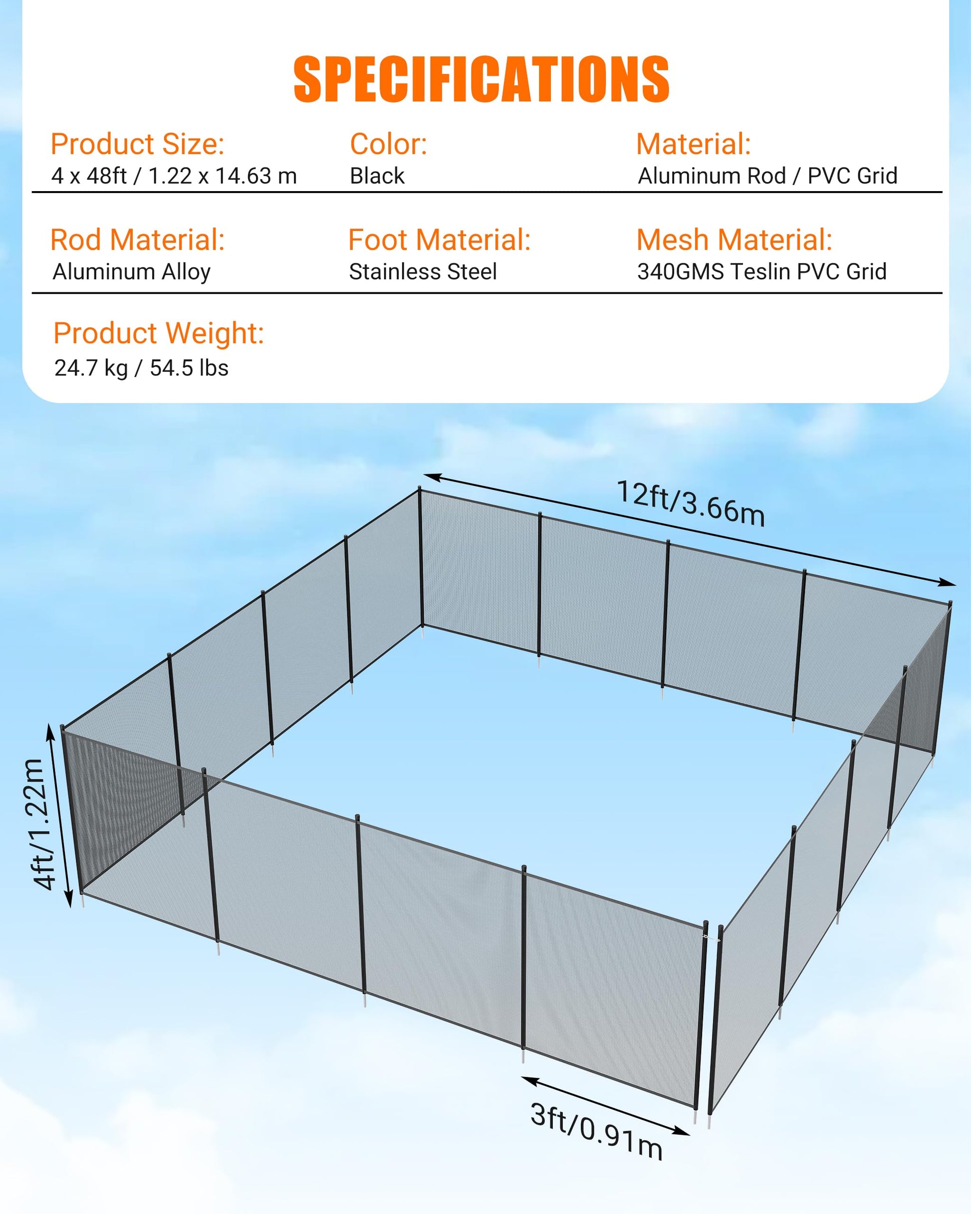 Garvee 4 piedi x 48 piedi recinzione di sicurezza per piscina in rete con piedini in acciaio inossidabile, resistente alle intemperie, regolabile per giardino e piscina, nero