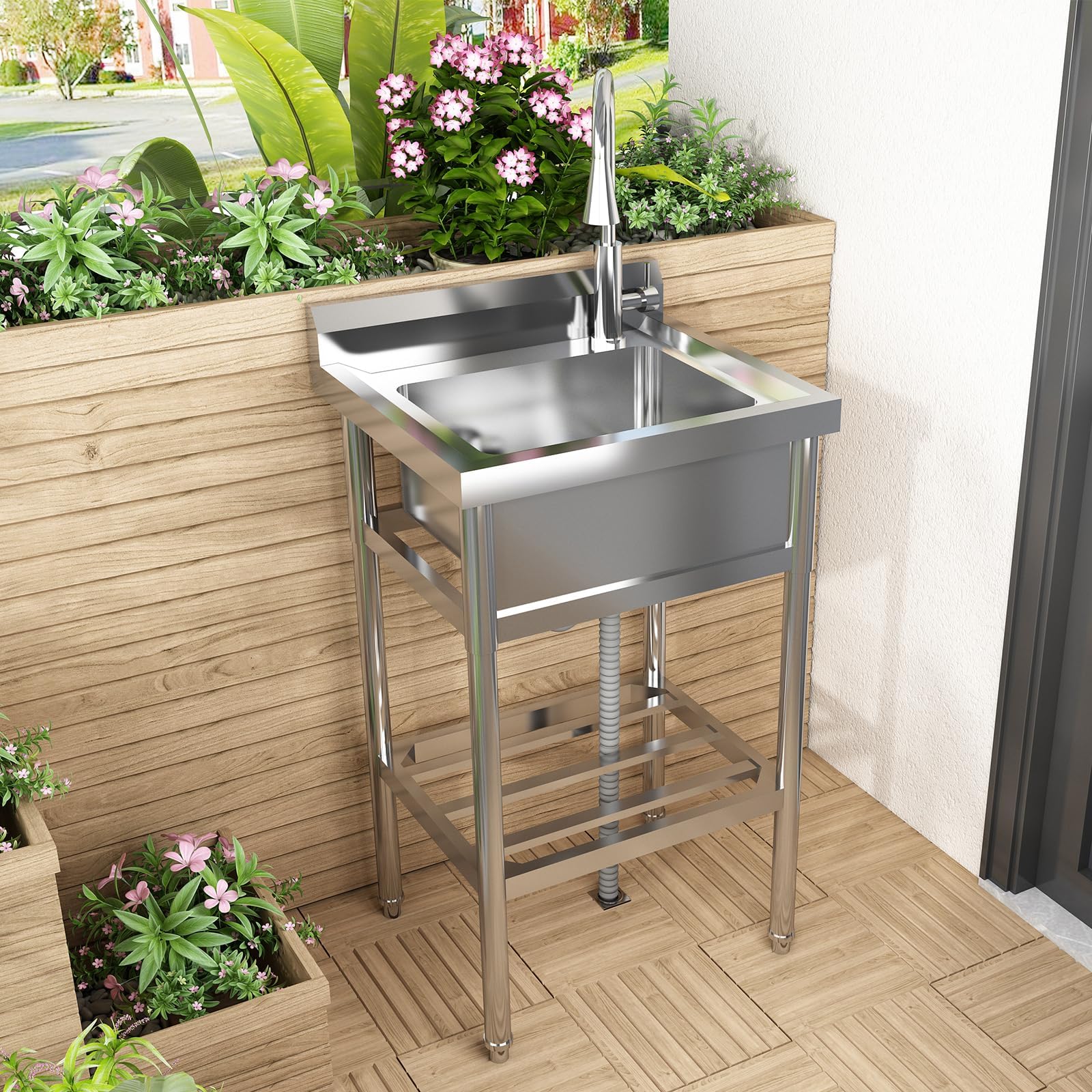 Lavello di servicio in acciaio inossidabile Garvee di grandi dimensioni 60x51x107 cm, lavello industriale da cucina e garage con fuoco e tropo pieno per uso commerciale e privato