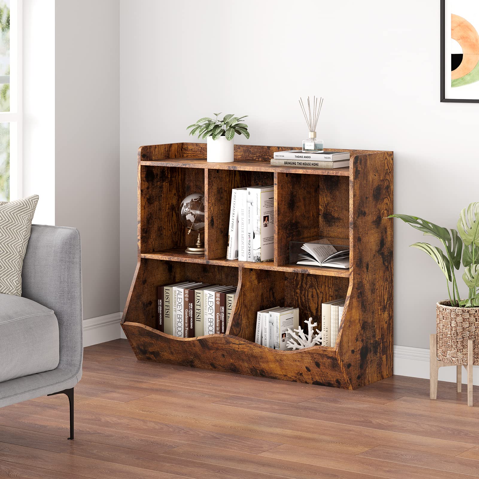 Libreria portaoggetti Garvee con 3 ripiani e 2 contenitori ribaltabili per cameretta e sala giochi, in legno, antiribaltamento, marrone, 91,4 cm di lunghezza x 29,2 cm di larghezza x 80 cm di altezza