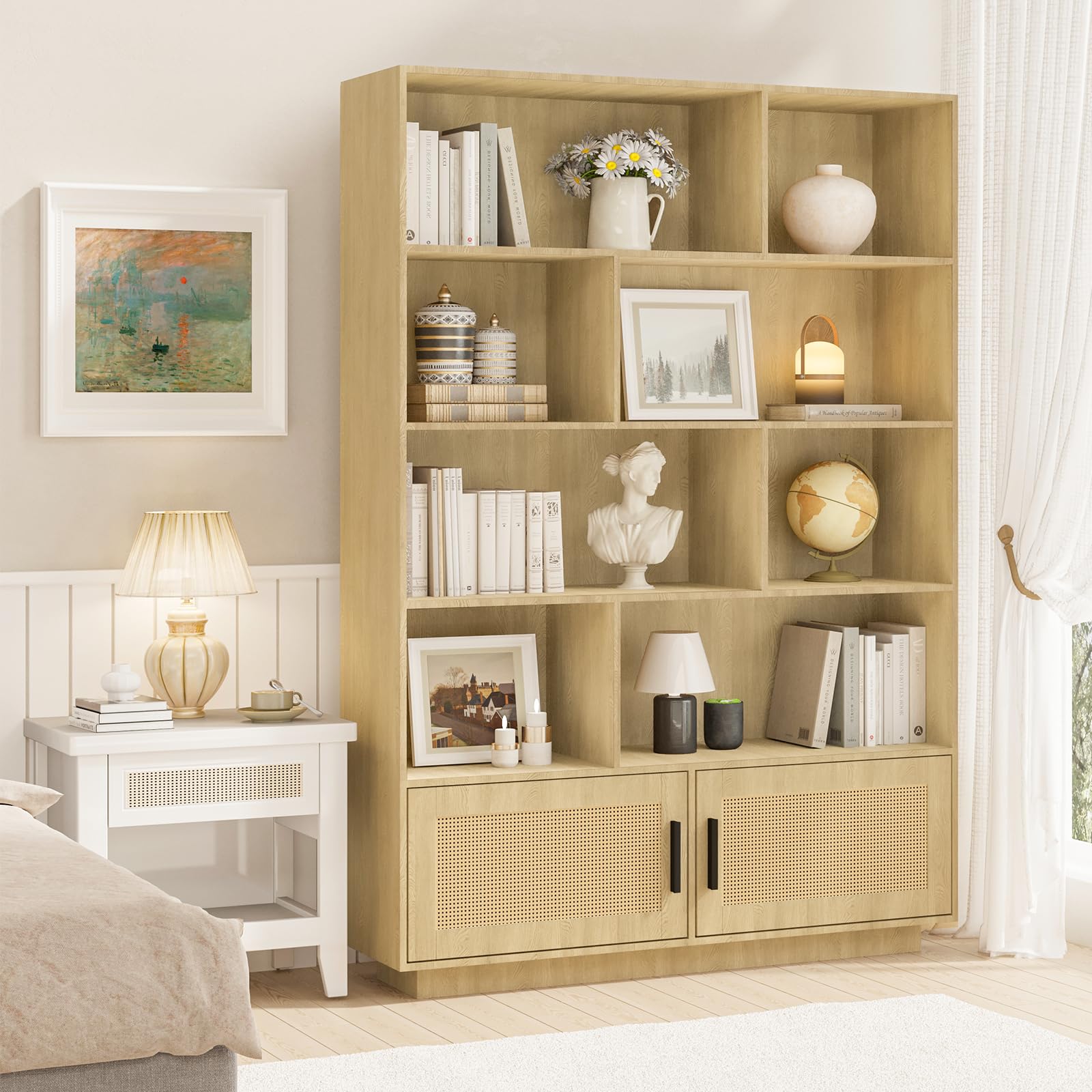 Libreria Garvee a 5 ripiani con ante in rattan, robusto legno MDF, soggiorno e ufficio, 31,5"L x 63"A, stile boho