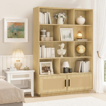 Libreria Garvee a 5 ripiani con ante in rattan, robusto legno MDF, soggiorno e ufficio, 31,5"L x 63"A, stile boho