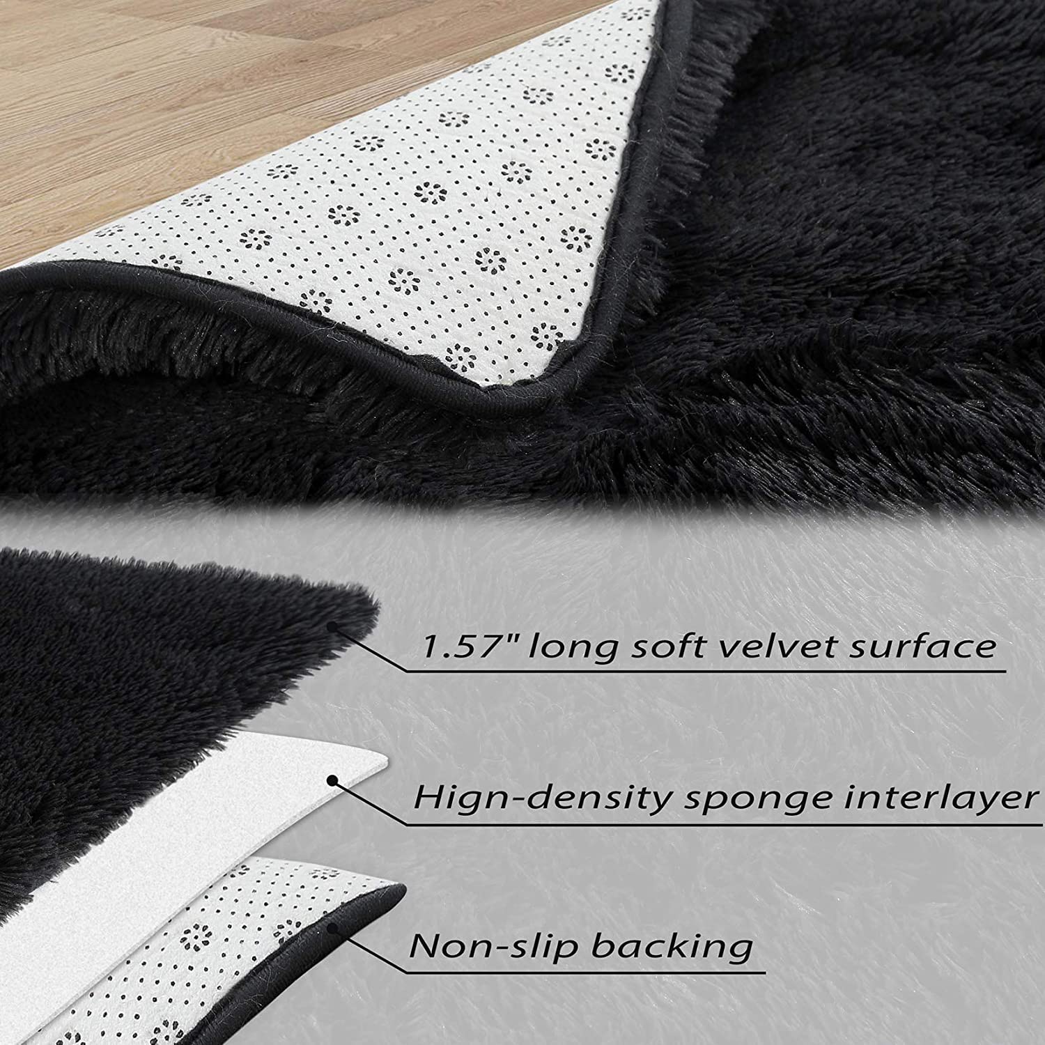 Tappeto Garvee Fluffy da 4 cm in morbido poliestere nero per soggiorno e cameretta dei bambini, extra morbido e antiscivolo