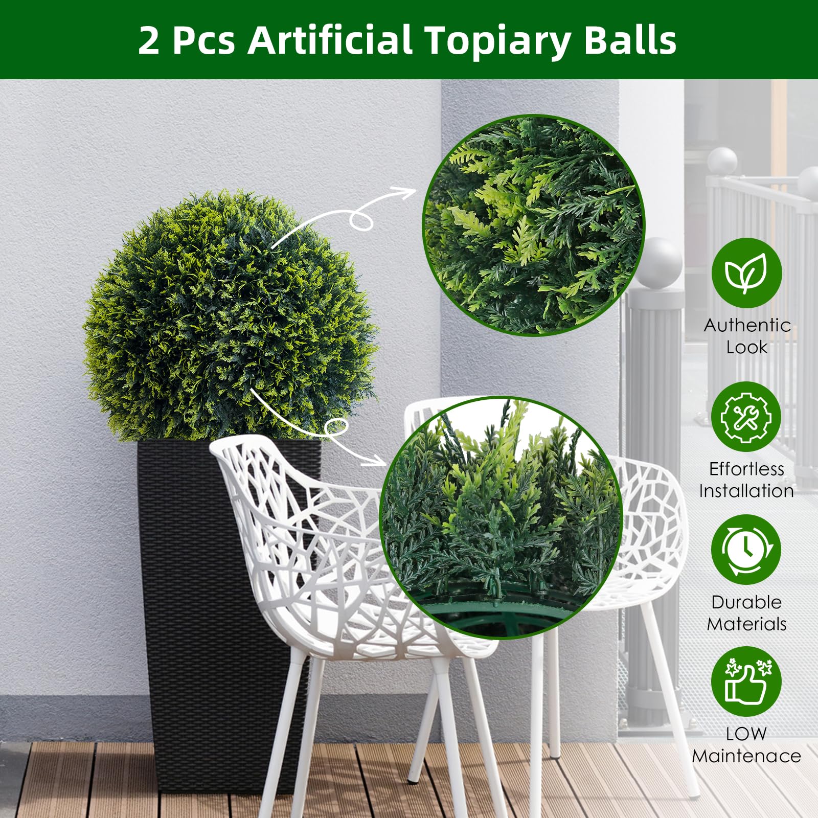 Sfere di cedro artificiale Garvee, set da 2, resistenti alle intemperie, senza manutenzione, materiale PE, per giardino e matrimonio, verde, 2 pezzi