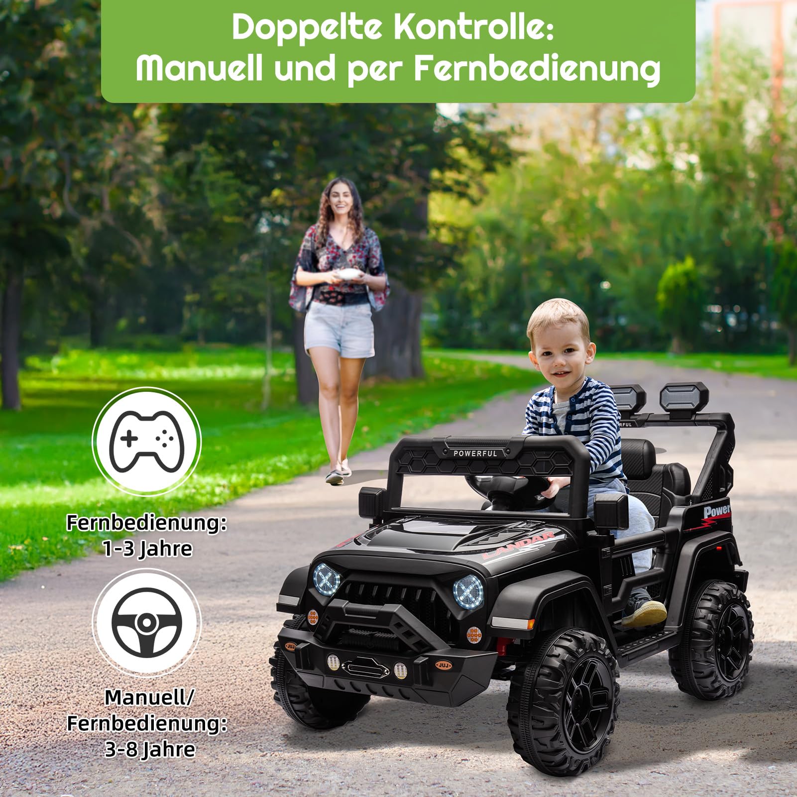 Auto elettrica per bambini Garvee con batteria potenziata da 12 V 7 Ah, veicolo elettrico a 3 velocità, 2 modalità di funzionamento, nera, per bambini da 1 a 8 anni