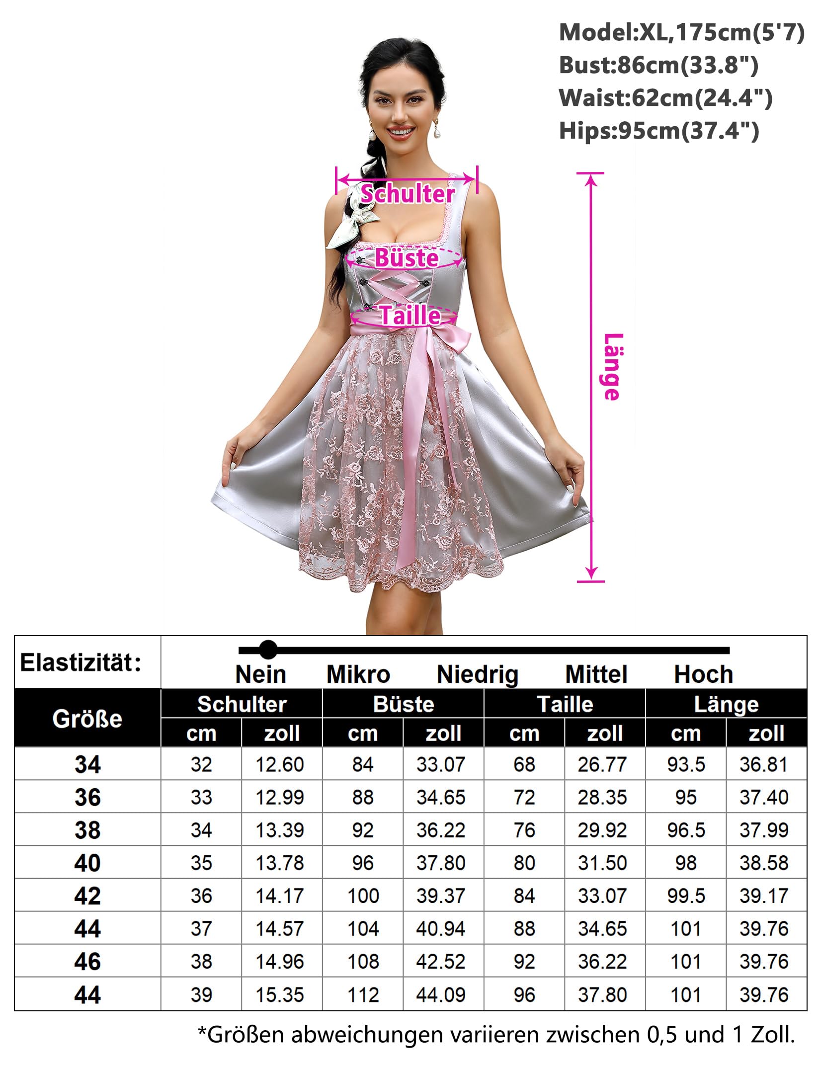 Abito tradizionale Dirndl da donna Garvee con camicetta Dirndl e grembiule per l'Oktoberfest, grigio argento, taglia 44