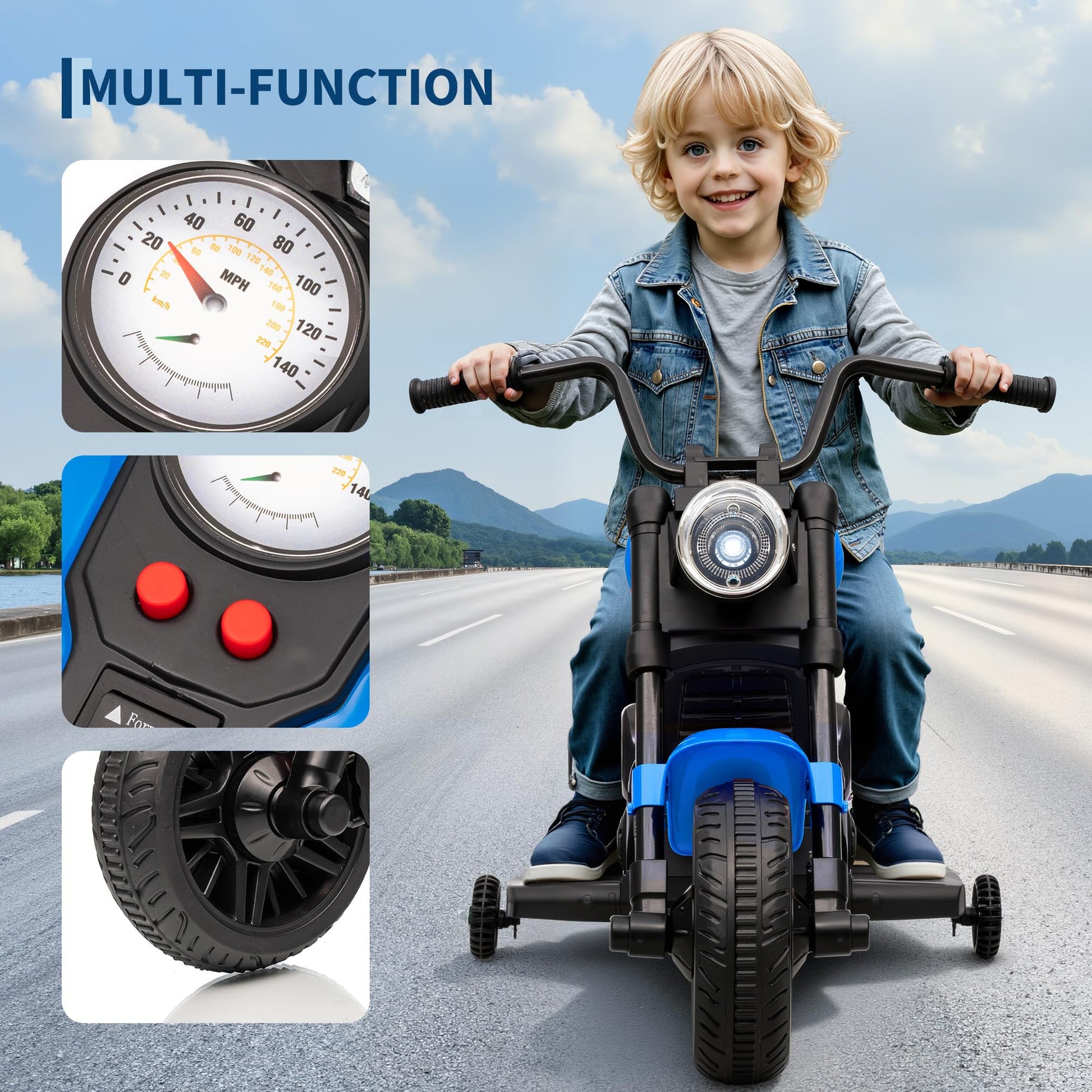 Moto elettrica Garvee 6V blu con avviamento graduale e sospensioni: la prima moto elettrica per bambini dai 2 anni per passeggiate sicure in giardino