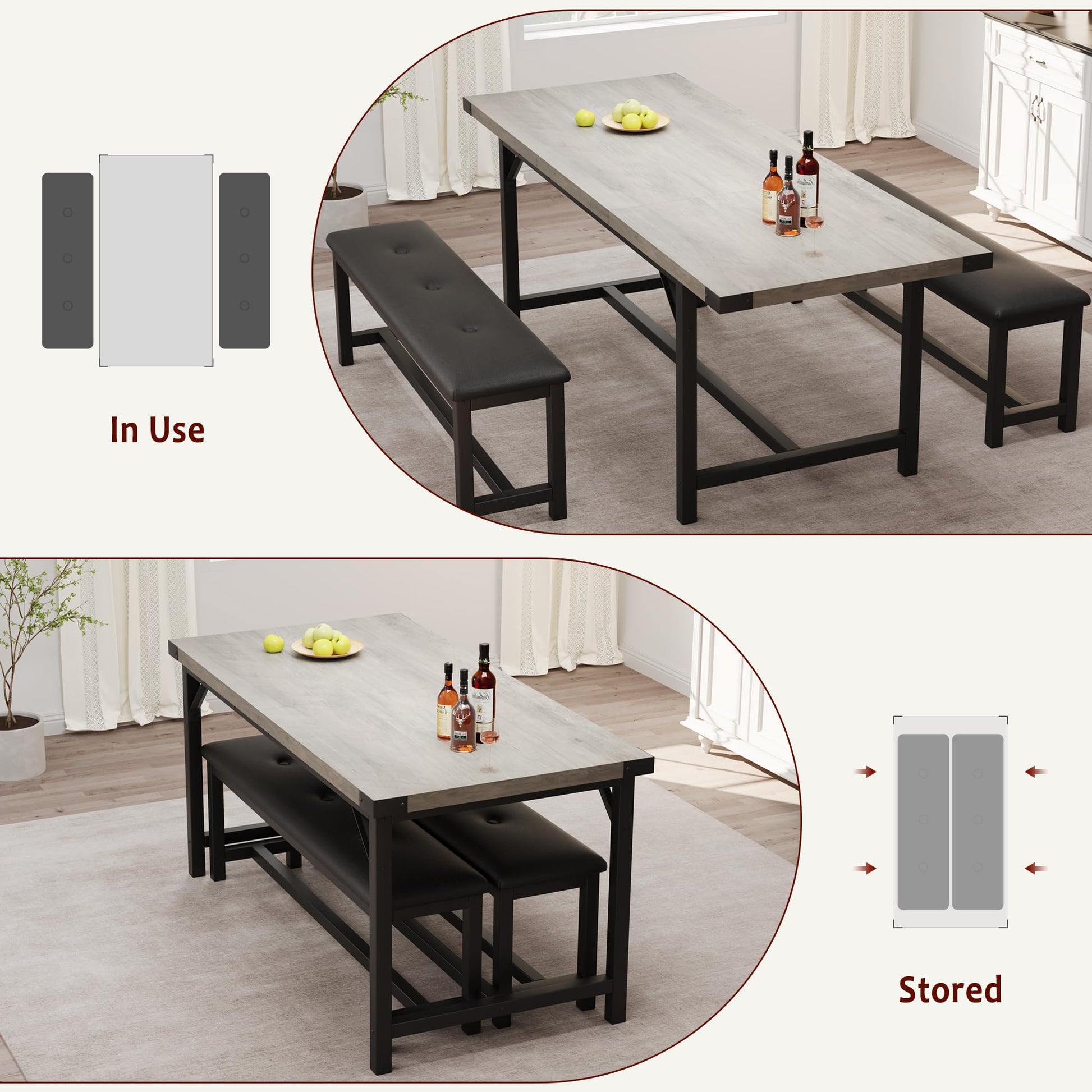 Tavolo da pranzo estensibile Garvee da 63" per 4-8 persone, grigio retrò, 3 pezzi, MDF e metallo, salvaspazio per appartamenti
