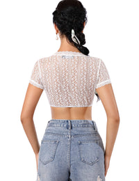 Camicetta Dirndl Garvee da donna, pizzo bianco, scollo a V, manica corta, per l'Oktoberfest, taglia 42, bianco-B