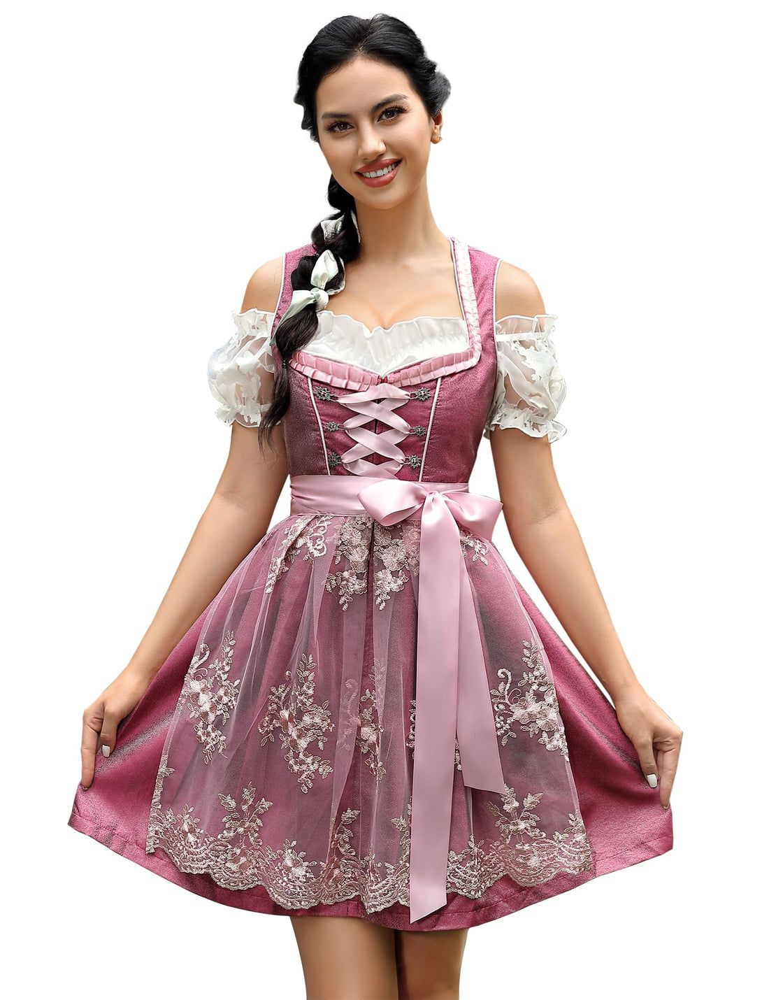 Garvee Dirndl da donna, abito tradizionale corto, 3 pezzi, Dirndl midi per l'Oktoberfest, colore A-Rosso vino, taglie 34-48
