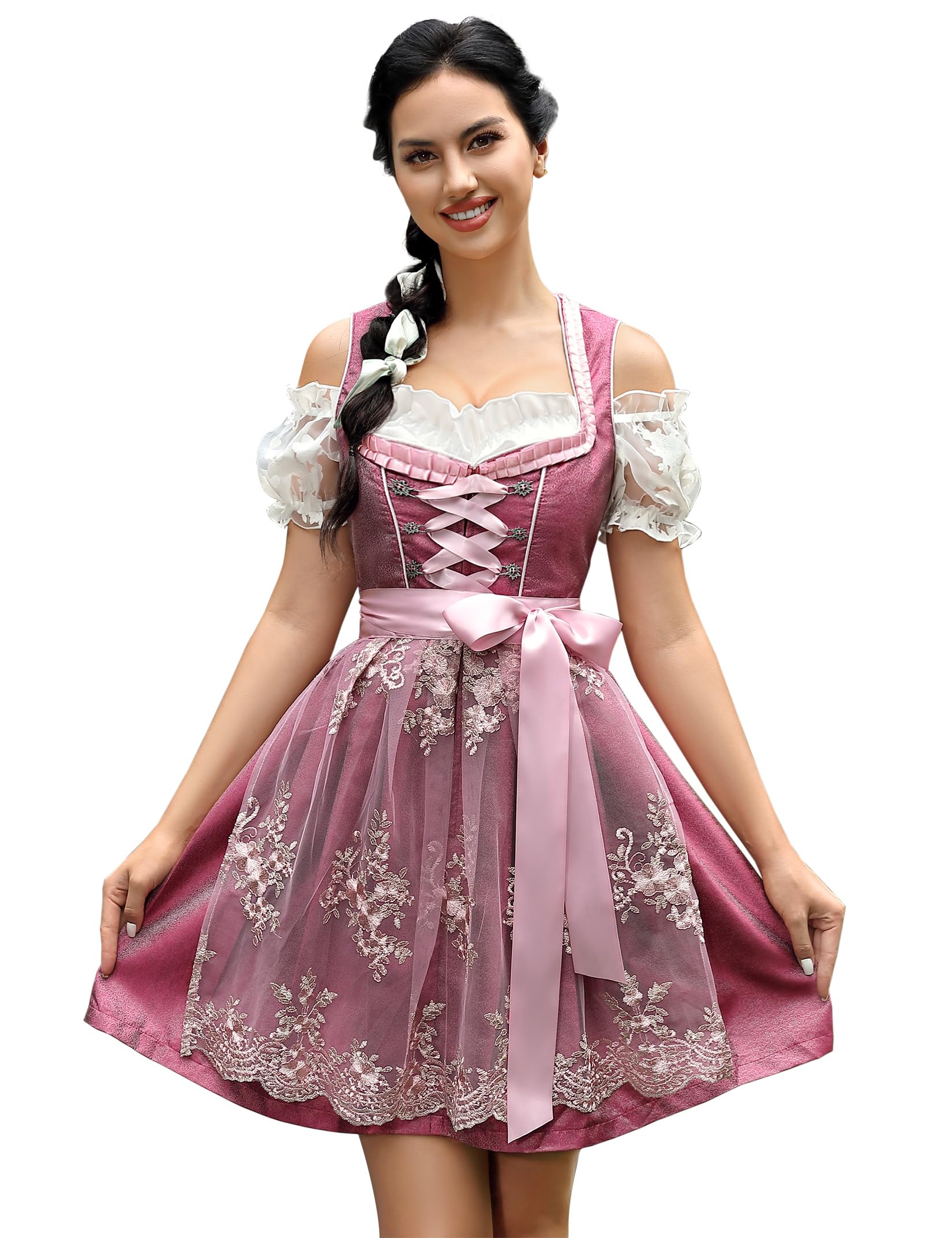 Garvee Dirndl da donna, abito tradizionale corto, 3 pezzi, Dirndl midi per l'Oktoberfest, colore A-Rosso vino, taglie 34-48