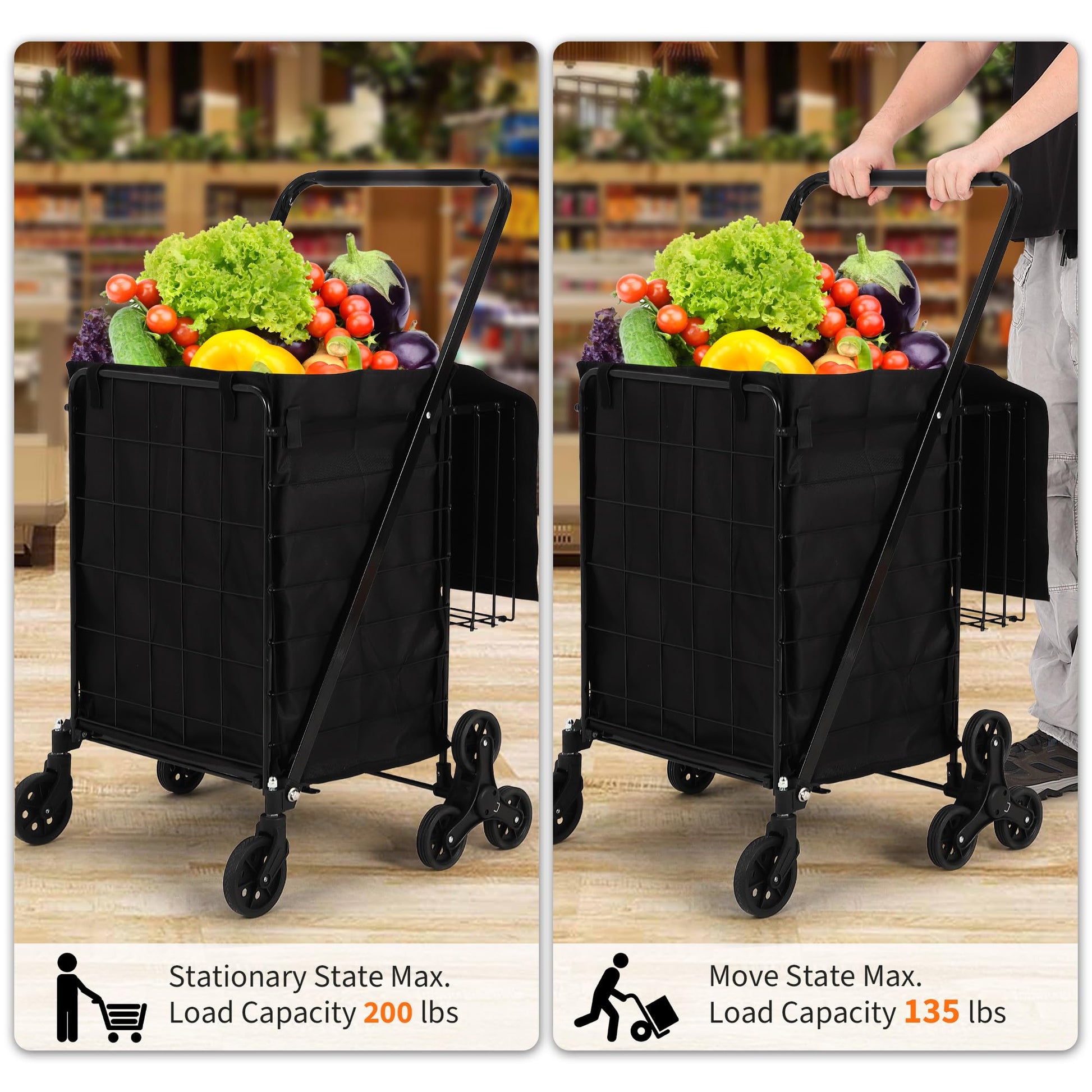 Carrello della spesa Garvee con saliscale e ruota a 360°, pieghevole, cestino impermeabile in Oxford 600D, robusto per la spesa e il campeggio, nero, grande