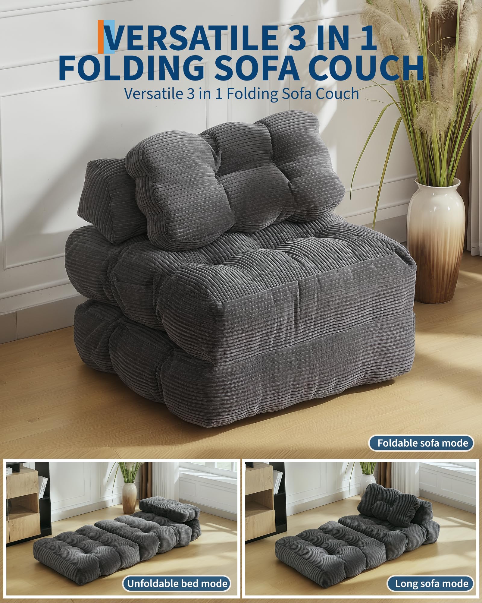 Divano letto pieghevole 3 in 1 Garvee con cuscini, supporto ergonomico per la guida, comfort in schiuma triturata, tessuto in velluto a coste, grigio, singolo, per soggiorno e camera da letto