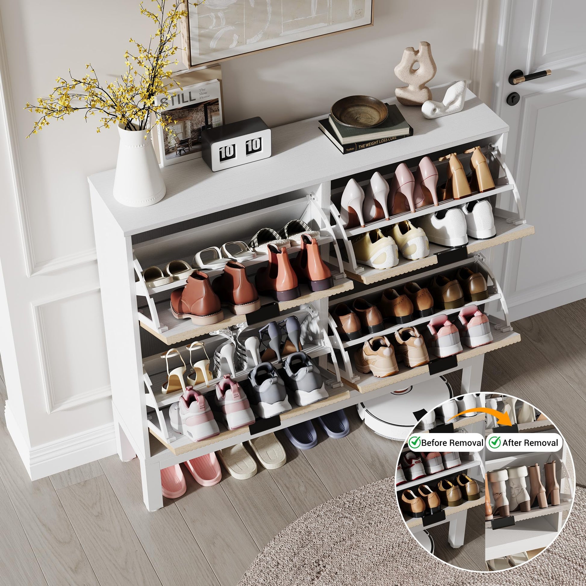 Scarpiera scanalata Garvee con 4 cassetti a scomparsa, organizer per scarpe stretto in legno, gambe in metallo, stile rustico moderno, bianco e rovere, salvaspazio per corridoio