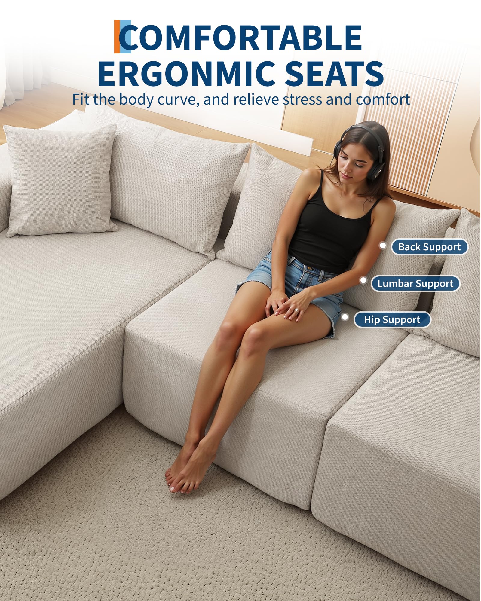 Divano componibile modular Garvee da 108" con chaise longue, comfort senza ossa, a forma di L, tessuto polimerico, divano letto, soggiorno, comodo, versatile