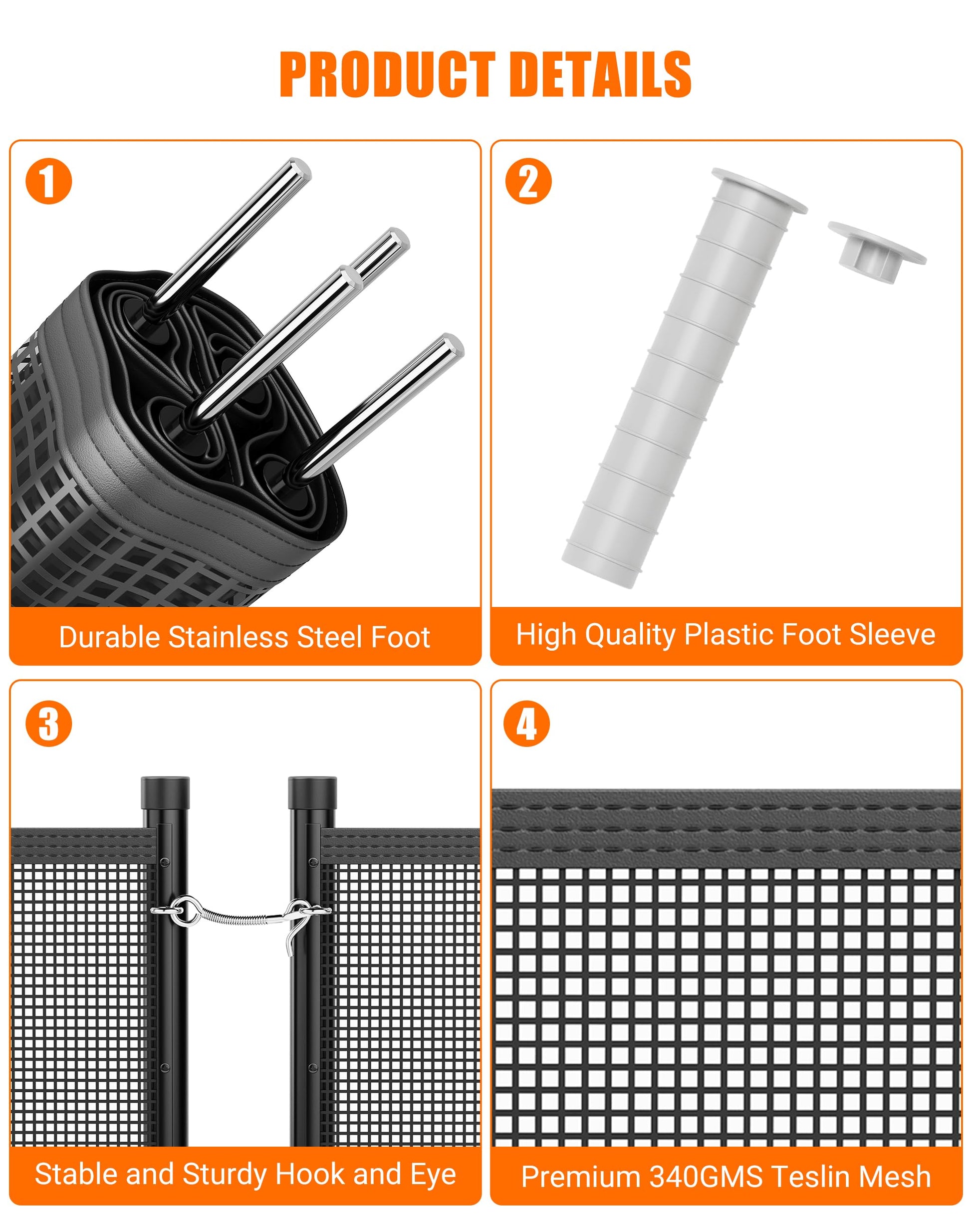 Garvee 4 piedi x 48 piedi recinzione di sicurezza per piscina in rete con piedini in acciaio inossidabile, resistente alle intemperie, regolabile per giardino e piscina, nero